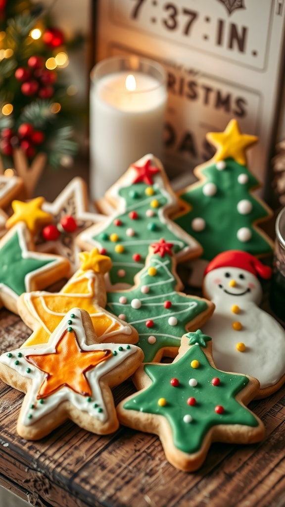 A variety of decorated Christmas sugar cookies on a wooden table with holiday decorations.